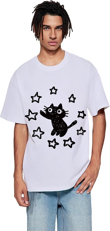 Vamtac Graphic Tees Unisex Loose Star Cat Print Tee Casual Summer Y2k Shirt Cute Short Sleeve Cotton Top