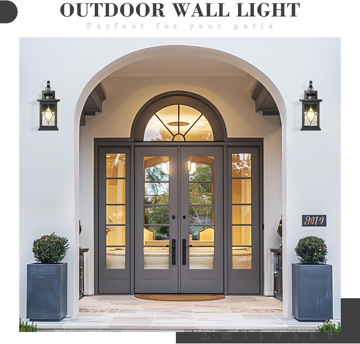 Emliviar Large Outdoor Wall Lantern 18 Inch, Black Front Porch Light with Water Grain Glass Shade, Outside Lights for House and Garage, 1810-BW2-SD