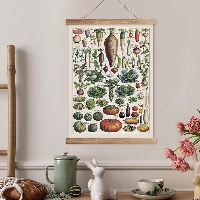 XIAOAIKA Vintage Vegetable Varieties Poster - Illustrated Garden Produce Chart with Wooden Frame - Educational Kitchen Wall Decor Art for Home Chefs and Gardeners 16 x 23 inches