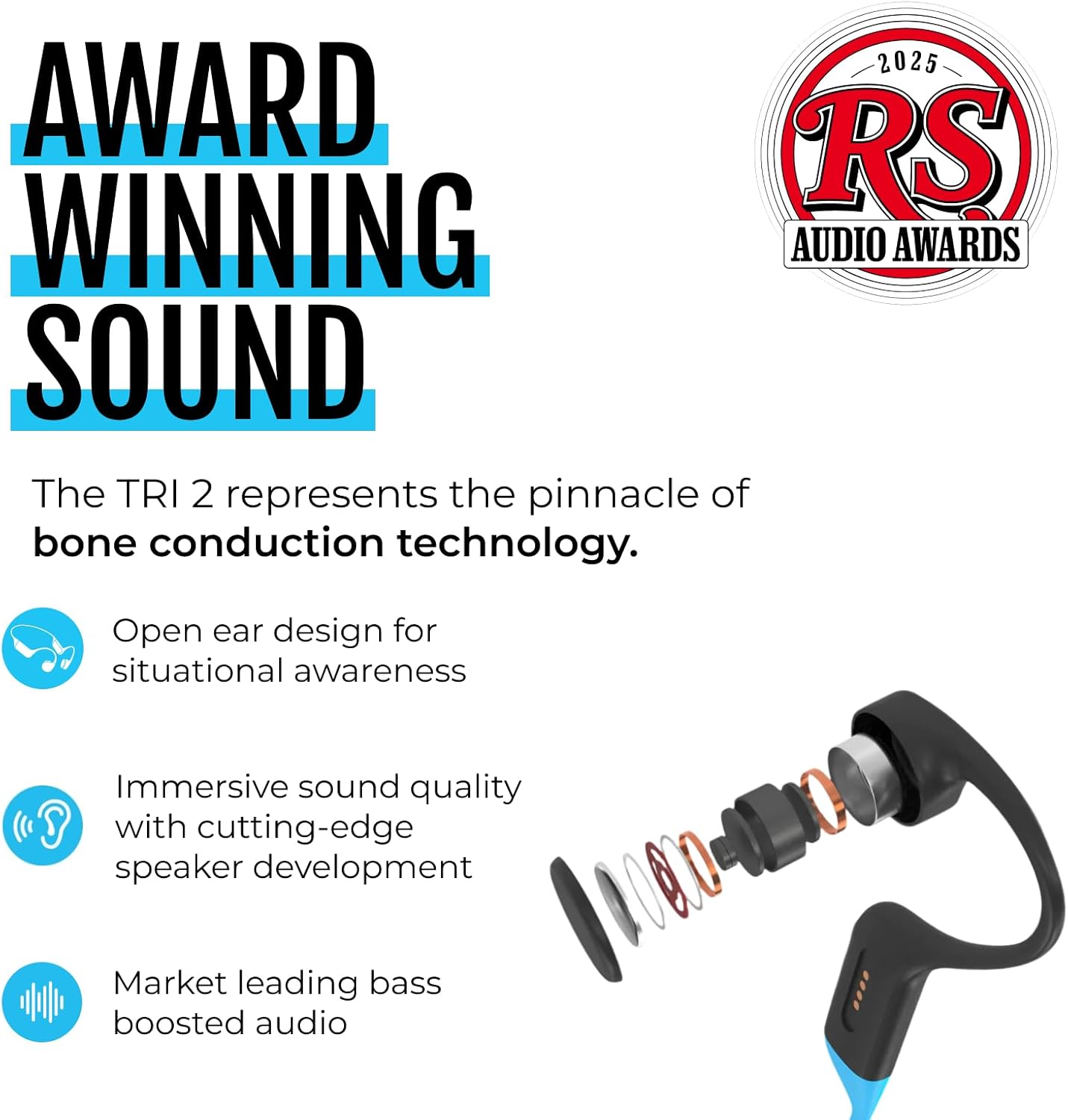 H2O Audio TRI 2 Multisport Waterproof Bone Conduction Open Ear Headphones, Bluetooth 5.3 for Running and Cycling, MP3 Mode for Swimming, 8GB Memory, 8.5-Hour Battery, Black