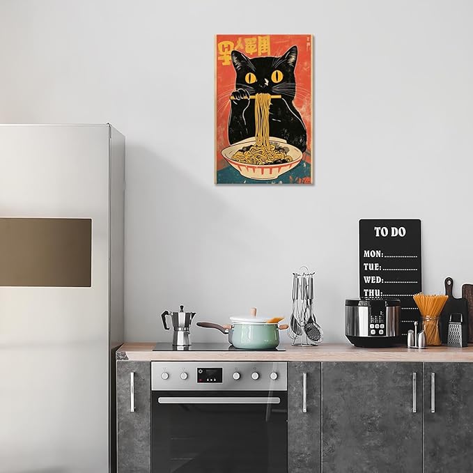 Vintage Cute Black Cat Eats Lamian Noodles Poster Prints Lamian Noodles Canvas Wall Art Cute Black Cat For Home Bedroom Kitchen Dorm Wall Decor 16x24in Wooden Frame