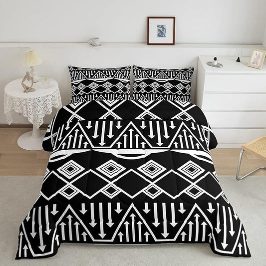 Boho Aztec Bedding Set King Size Black and White Comforter Set Exotic Morden Triangle Lattice Down Comforter Tribal Minimalism Room Decor 3 Pieces Quilted Duvet for Adult Men Women