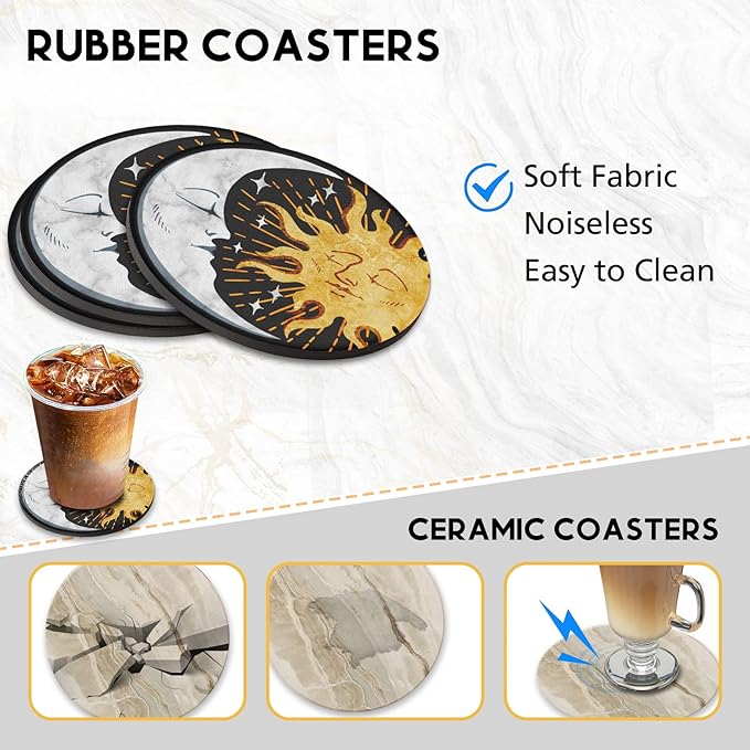 Swooflia Coasters for Drinks Coffee Table, Sun Moon Vintage Black Silicone Absorbent Cup Coaster Set Housewarming Kitchen Home Wooden Desk Office Bar Tabletop Decor 6 Pack