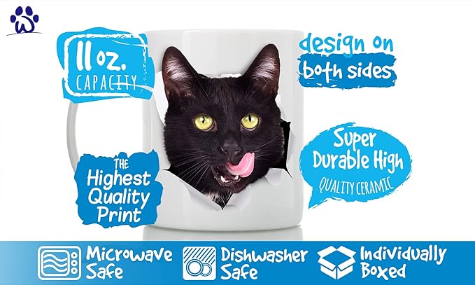 Winston & Bear Thirsty Black Cat Coffee Mug - Funny Ceramic Coffee Mug Gift for Cat Lovers - Cute Novelty Cup for Men and Women (11oz)
