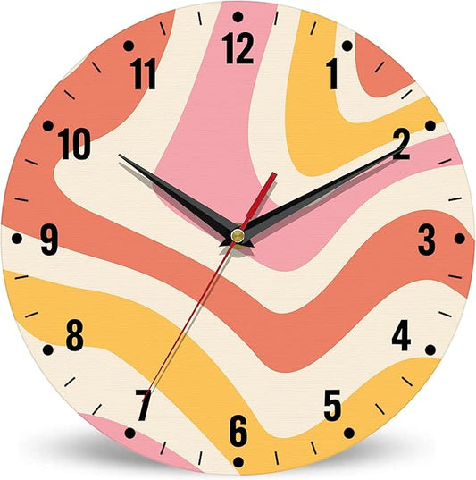SPUNKER Clock for Bedroom,Colorful Waves Wall Clock Battery Operated 10 Inch,Retro 70s Round Clock Silent Non-Ticking Wall Decor for Farmhouse Office Home School Living Room Bedroom