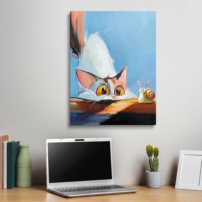 TimAsh Framed Funny Cat Wall Art Cat Staring at Snail Canvas Wall Decor Cartoon Cute Kitten Poster Painting Prints for Bedroom Bathroom Living Room 16'' x 12''