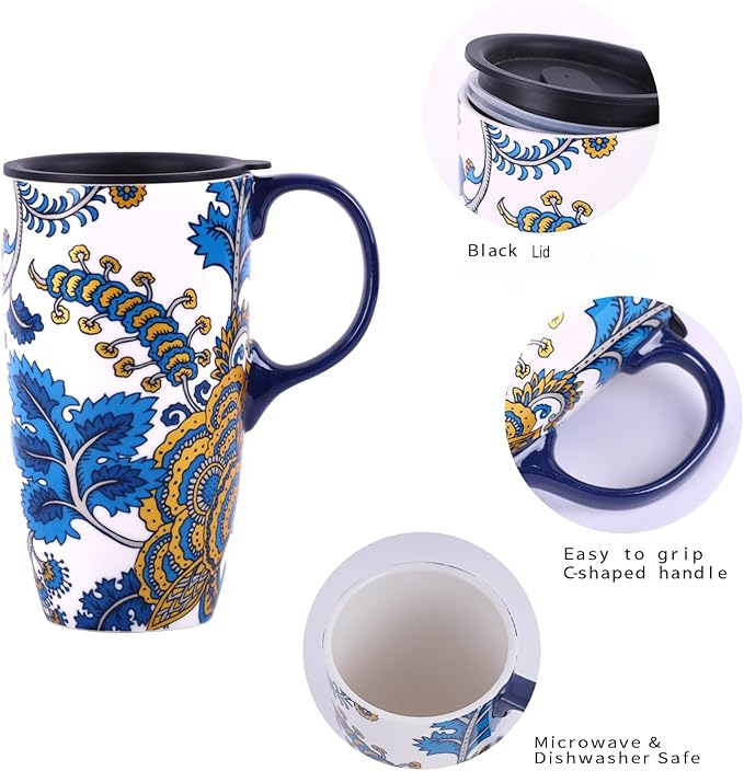 Topadorn Ceramic Mug with Lid and Handle,17oz. Tall Coffee Cup for Home,Party and Birthday,Blue Flower