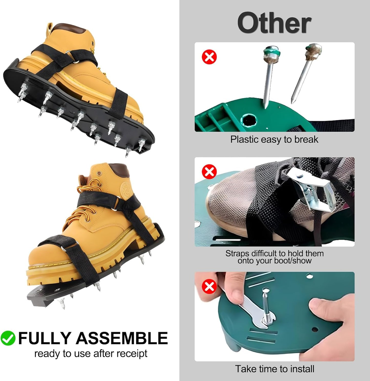 Epoxy Floor Spiked Shoes Fully Assembled Gunite Spiked Shoes with 3/4" Short Spikes for Garage Floor Epoxy, Overlays, Cover Installation, 1 Pair (Black, Large Size)