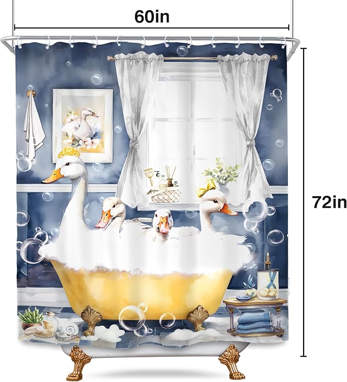 SVBright Funny Kids Shower Curtain 60Wx72L Inch Cute Duck Farmhouse Animal in Bathtub Blue Cartoon Lovely Modern Hilarious 12 Pack Hooks Polyester Waterproof Fabric Bathroom Bathtub Panels