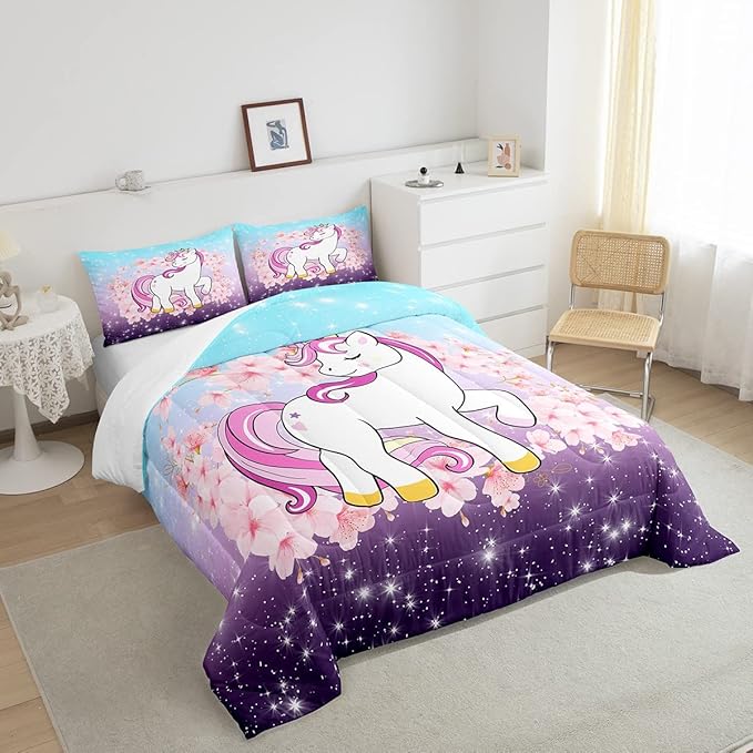 Unicorn Comforter Set Twin, Kids Unicorn Floral Bedding for Girls Boys Children Bedroom Decor, Cherry Blossoms Glitter Down Comforter Galaxy Kawaii Quilt Set with 1 Pillowcase, Blue Purple Ombre