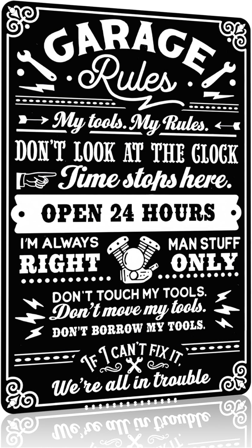 Gifts for Men Dad Husband Funny Garage Rules My Tools My Rules Tin Sign Vintage Metal Wall Art for Garage Workshop Man Cave Decor 8x12 Inch (3705)