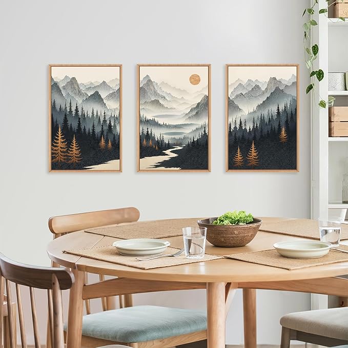 Watercolor Misty Forest Framed Canvas Wall Art Set, Foggy Mountain Wall Decor, Misty Pine Tree Wall Painting, Large Nature Landscape Art Prints for Living Room, Bedroom, Office - 16"X24"X3