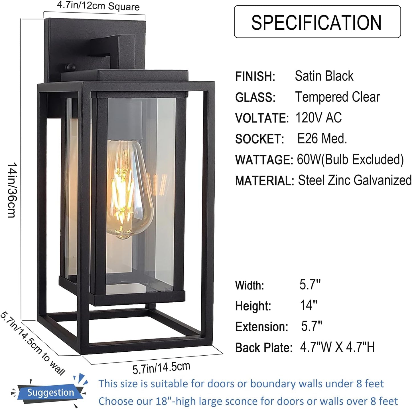 14" Outdoor Wall Light Fixtures Waterproofed Exterior Lantern W/Sturdy Rectangular Double Cage In Satin Black&Clear Tempered Glass,Sconce Mounted For House Patio,Front door,Porch,Garage Lighting 2Pack