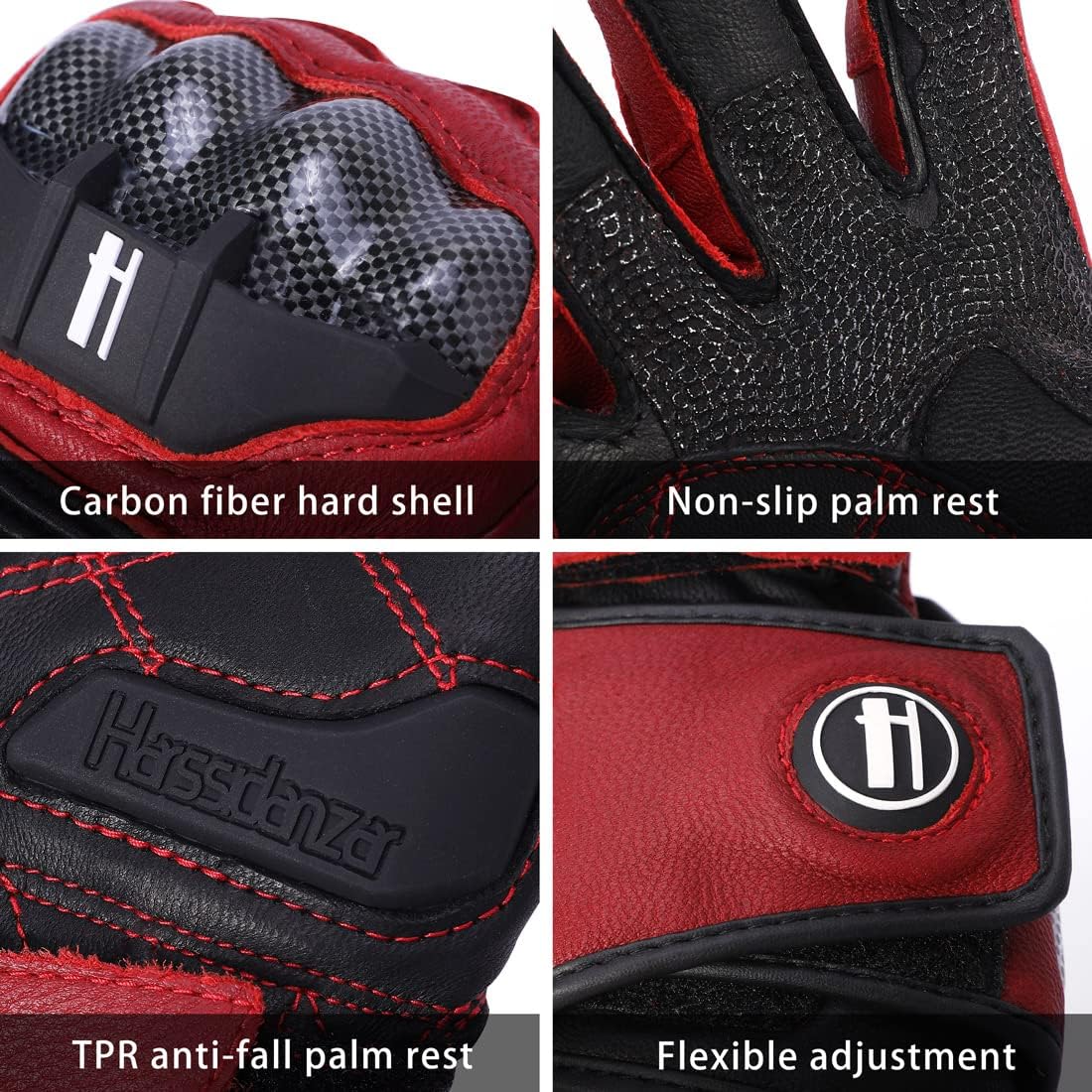 Harssidanzar Leather Motorcycle Gloves for Men and Women,Powersports Carbon Fiber Knuckle Protection Motorbike Gloves KM045