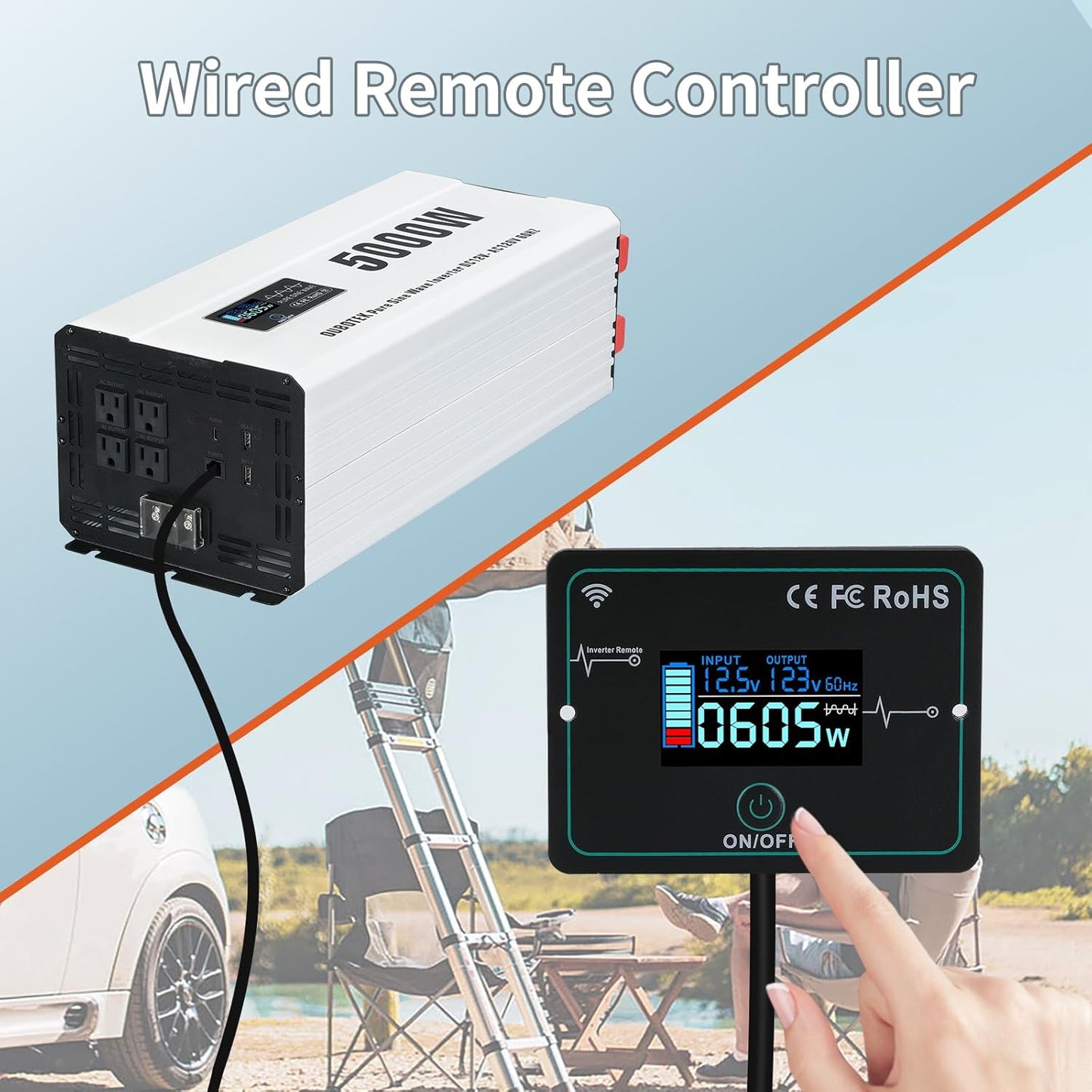 5000 Watts Power Inverter Peak 10KW, Pure Sine Wave 12V DC to 120V AC Off Grid Solar Inverter with Wireless Remote Control LCD Display 4 AC Outlets Hardwire Terminal for Home RV Camping