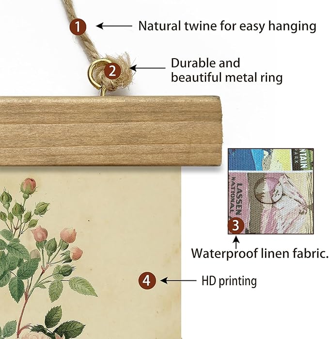 XIAOAIKA 2 Pack Vintage Rose Botanical Prints Poster - Antique Flower Illustrations with Wooden Scroll Frame - Elegant Wall Art for Home Decor, Garden Enthusiast, or Floral Designer 16 x 23 Inches