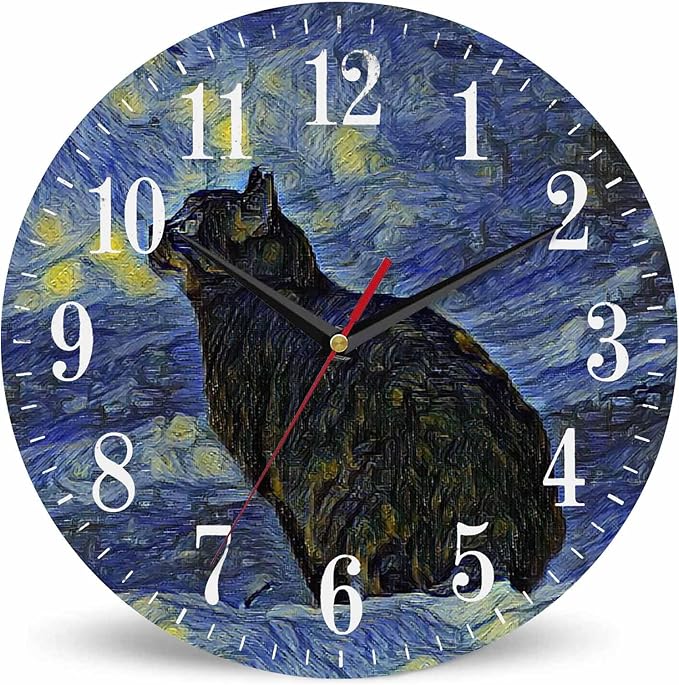 Van Gogh Wall Clock Oil Painting Galaxy Cat 10 Inch Silent Non Ticking Battery Operated Clock Vintage Round Clock for Living Room Bedroom Bathroom Office Decor