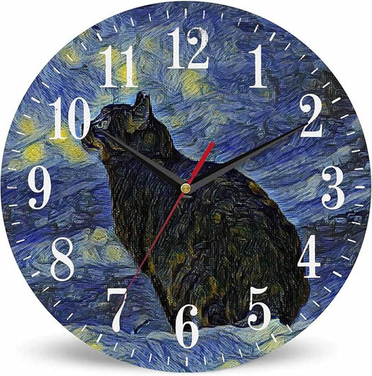 Van Gogh Wall Clock Oil Painting Galaxy Cat 10 Inch Silent Non Ticking Battery Operated Clock Vintage Round Clock for Living Room Bedroom Bathroom Office Decor