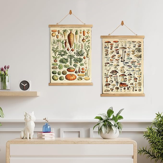 XIAOAIKA 2 Pack Vegetables and Mushrooms Vintage Posters with Wooden Frame - Cottagecore Room Decor, Classic Wall Art for Home and Classroom 16 x 23 inches