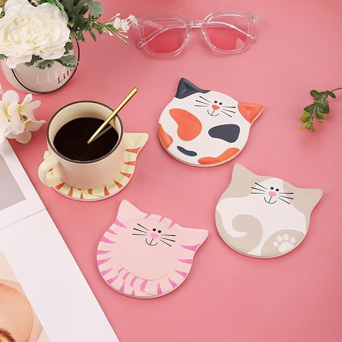 VanEnjoy Funny Cat Coasters for Drinks Absorbent Set of 4, Ceramic Cat Coaster Set, for Coffee Table, Gift for Cat Lovers Women