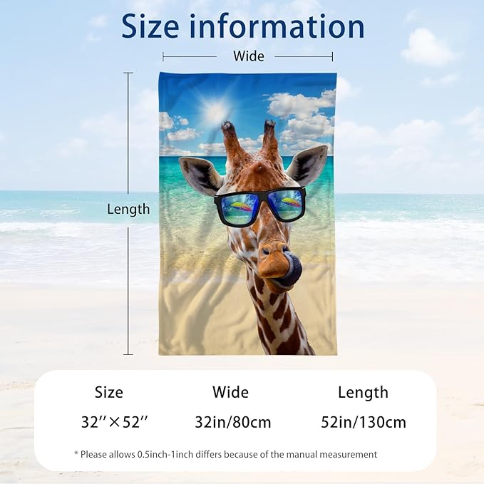 WZOMT Funny Giraffe Beach Towel Microfiber Cartoon Giraffes with Sunglass Summer Ocean Bath Towels for Kids Adults, Giraffe Gifts, Quick-Dry Absorbent Swim Pool Towel, Oversized 32x52 Inch
