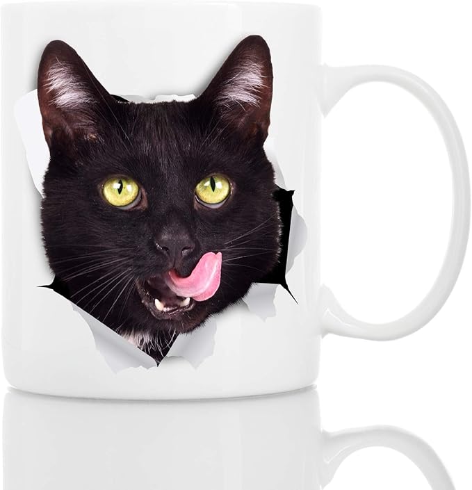 Winston & Bear Thirsty Black Cat Coffee Mug - Funny Ceramic Coffee Mug Gift for Cat Lovers - Cute Novelty Cup for Men and Women (11oz)