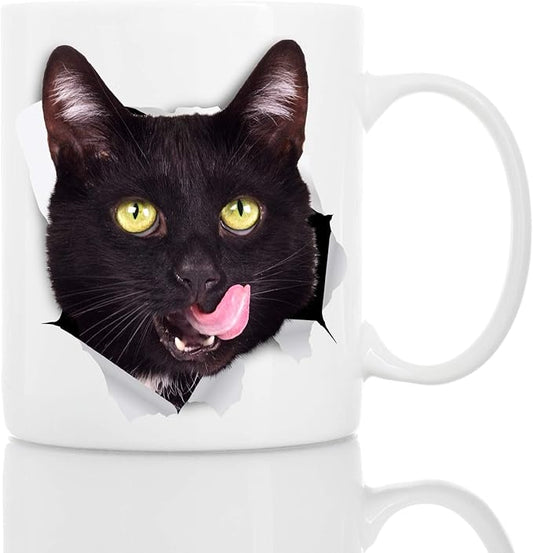 Winston & Bear Thirsty Black Cat Coffee Mug - Funny Ceramic Coffee Mug Gift for Cat Lovers - Cute Novelty Cup for Men and Women (11oz)