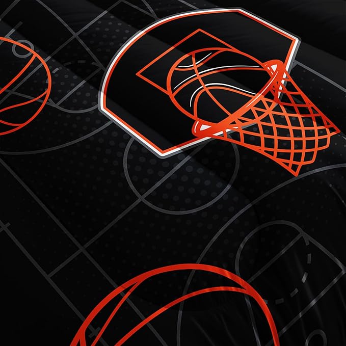 Basketball Court Print Queen Comforter Set for Boys,Ball Sports Games Bedding Set for Teens Kids Bedroom Decor,Orange Basketball Comforter Sets with 2 Pillowcases.