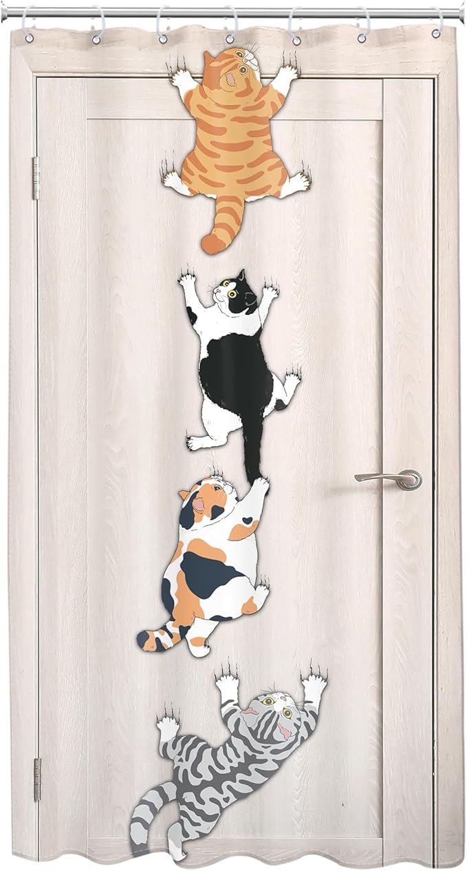 SVBright Small Stall RV Cats Shower Curtain 36Wx72L Inch Kids Funny Cute Cartoon Kitten Animal Climbing Door Kawaii Hilarious Pet 7 Pack Hooks Polyester Waterproof Fabric Bathroom Bathtub Panels