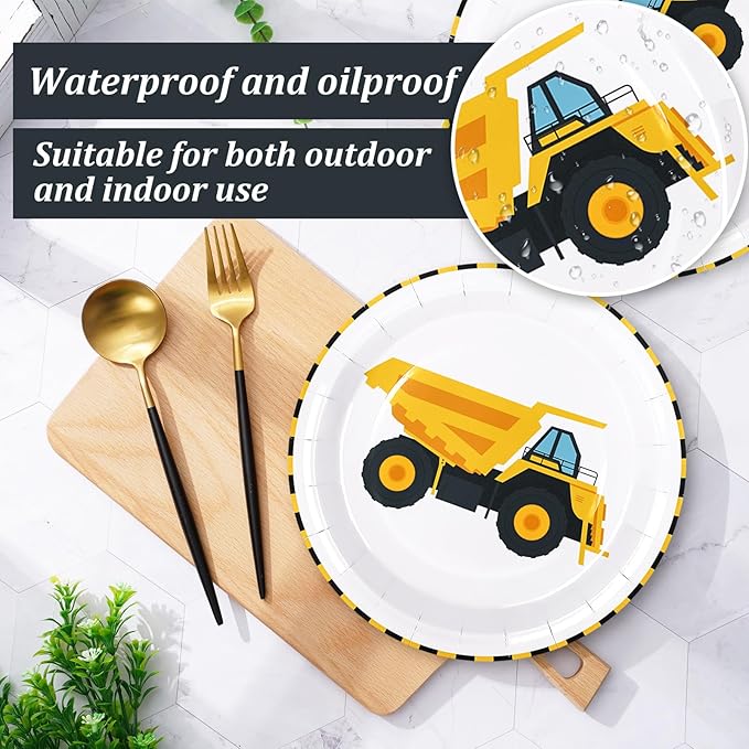 Whaline 40Pcs Construction Birthday Party Paper Plates Dump Truck Disposable Plates 4 Designs Tableware for Boys Kids Birthday Party Supplies Table Decor, 9 in
