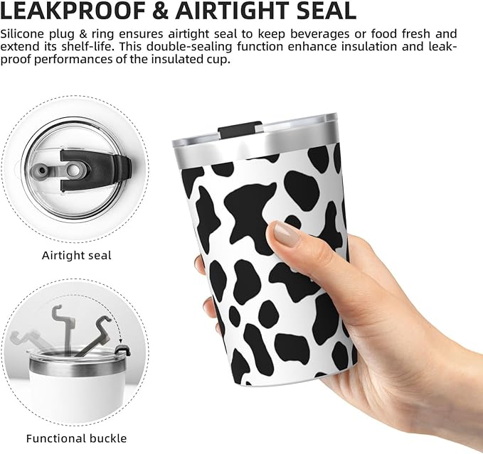 White Black 12 OZ Insulated Tumbler Mug with Lid Straw, Cow Print Double Wall Vacuum Insulated Travel Coffee Cup for Hot and Cold Drinks