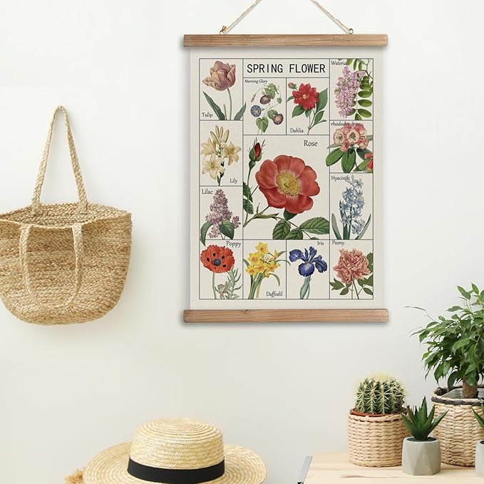 Vintage Spring Flower Poster Print, Botanical Educational Illustration, Rustic Wooden Hanger Frame, Linen Canvas Wall Art Decor, Farmhouse Cottagecore Style for Living Room Bedroom Office (20" x 30")