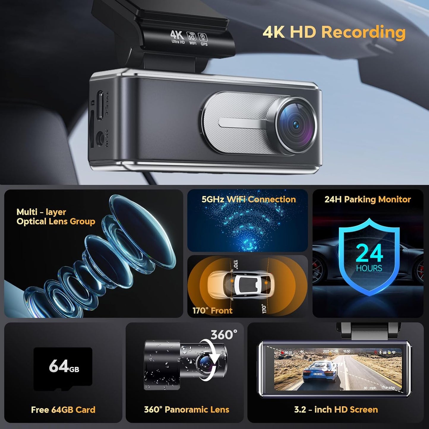 Dash Cam Front and Rear - 4K HD Dual Dash Camera for Cars, Built-in 5G WiFi GPS, 64GB Card, Dashcam with 3.2" IPS Screen, UHD Night Vision, HDR, App Control, 24H Parking Monitor