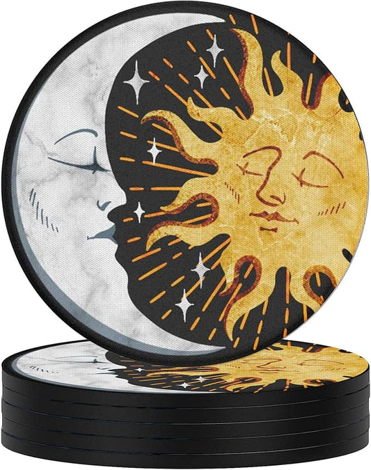 Swooflia Coasters for Drinks Coffee Table, Sun Moon Vintage Black Silicone Absorbent Cup Coaster Set Housewarming Kitchen Home Wooden Desk Office Bar Tabletop Decor 6 Pack