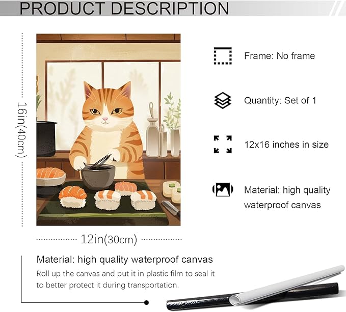 Vintage Cat Chef Kitchen Poster,Funny Food Canvas Wall Art,Cute Cat Cooking Sushi Print, Retro Kitchen Wall Decor, Whimsical Kitchen Art for Home, Dining Room, Cafe 12x16 in Unframed