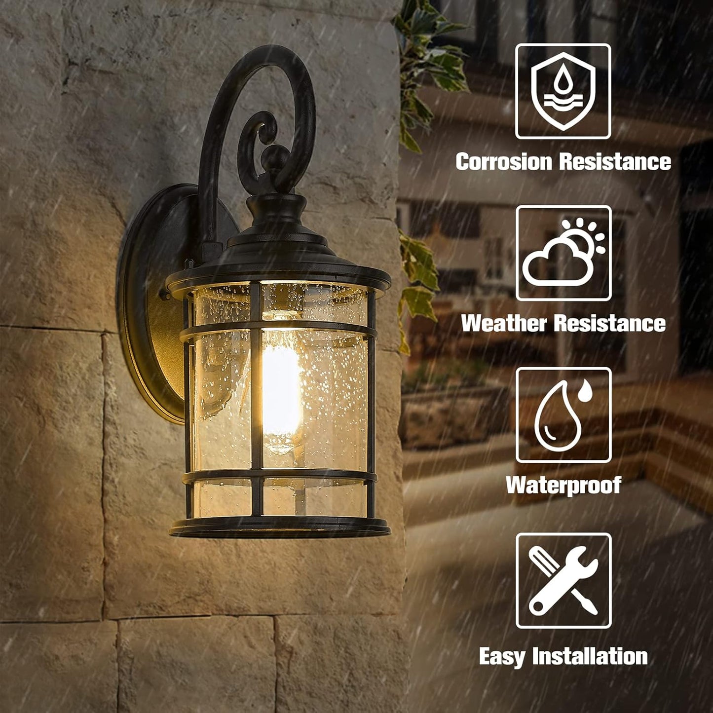 Emliviar Modern Outdoor Wall Lantern - Exterior Carriage Light for Garage Front Porch with Seeded Glass Shade, 15.5 Inch Height, Black Finish, XE229B BK