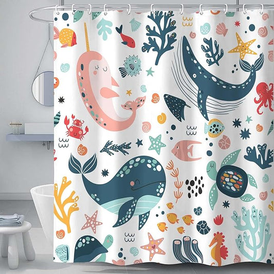 Torich Kids Shower Curtain for Bathroom, Whale Fish Baby Cartoon Ocean Creatures Animals Decor Bath Curtains, Cute Sea Fishes Coral Underwater Boys Girls Child Fabric Waterproof with 12 Hooks