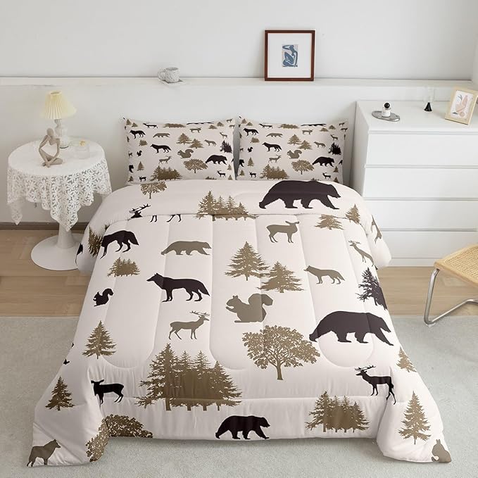 Bear Comforter Set Twin for Kids Boys Girls,Rustic Elk Moose Squirrel Wolf Printed Bedding Set,Animal Silhouette Farmhouse Quilt for Lodge Cabin,Grey Woodland Wildlife Duvet Insert with 1 Pillowcase