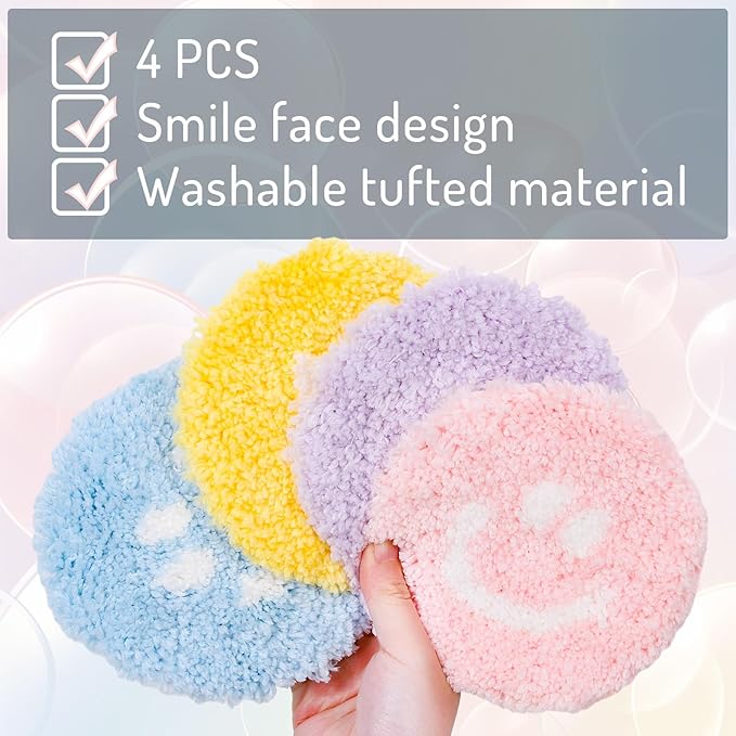 Whaline 4Pcs Smile Face Tufted Coasters Cute Preppy Drink Coasters Colorful Happy Face Cup Mat Pad for Drinks Car Desk Kitchen Home Accessories Coffee Table Gift