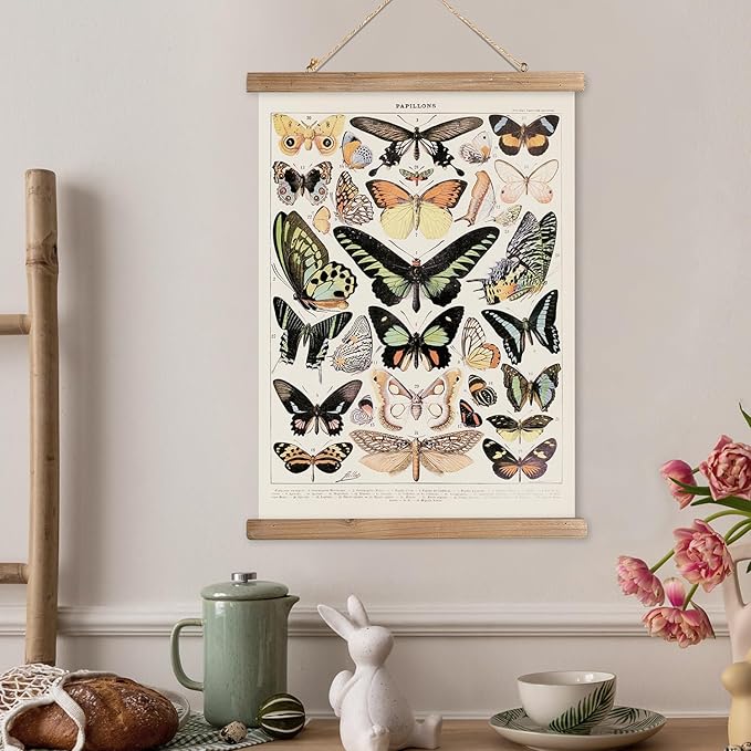 XIAOAIKA Vintage Butterfly Hanging Poster with Wooden Frame, Retro Style Wall Decor Art Painting, Patterns Printed on Linen Without Fading, Ready to Hang (12 x 16)