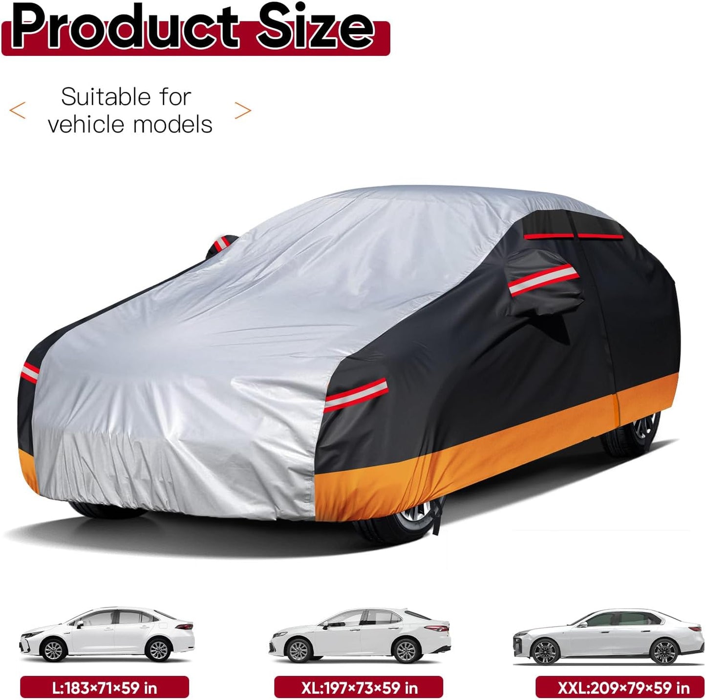 NEVERLAND Car Cover - Car Cover Waterproof All Weather Snowproof UV Protection Windproof Full Car Covers with Side Door Zipper,Reflective Strips,Storage Bag Full Exterior Covers for Sedan L(177"-183")