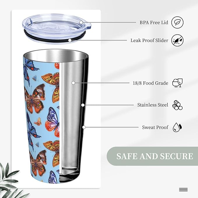 Butterfly Tumbler Blue Butterflies Stainless Steel Insulated Tumblers with Lid Straw Reusable Spring Nature Dream Coffee Travel Mug Tea Water Wine Cups Birthday Gifts for Women 20 Oz