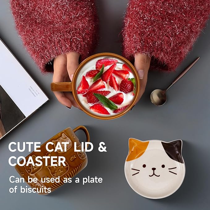 YLOKO Cute Cat Mug With Lid, 300ml/10oz Ceramic Calico Coffee Mug, Kawaii Animal Milk Teacup Novelty Gift for Cat Lovers Kids Women Girls