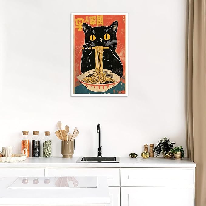 Vintage Cute Black Cat Eats Lamian Noodles Poster Prints Lamian Noodles Canvas Wall Art Cute Black Cat For Home Bedroom Kitchen Dorm Wall Decor 16x24in Unframed