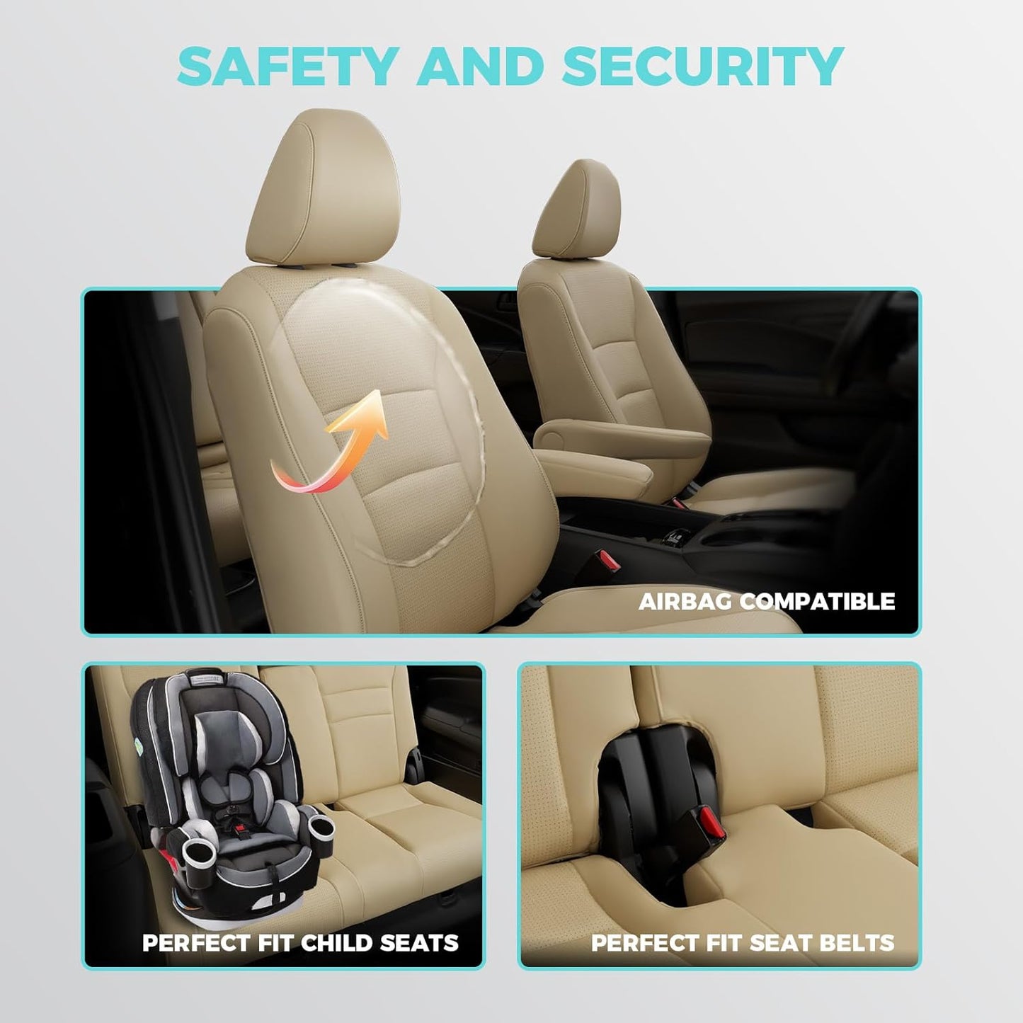 for Honda Pilot Seat Covers, Car Seat Protectors Full Set Custom Fit Pilot Elite,Black Edition 2016 2017 2018 2019 2020 2021 2022-7 Seats, Faux Leather Full Coverage Waterproof, Beige