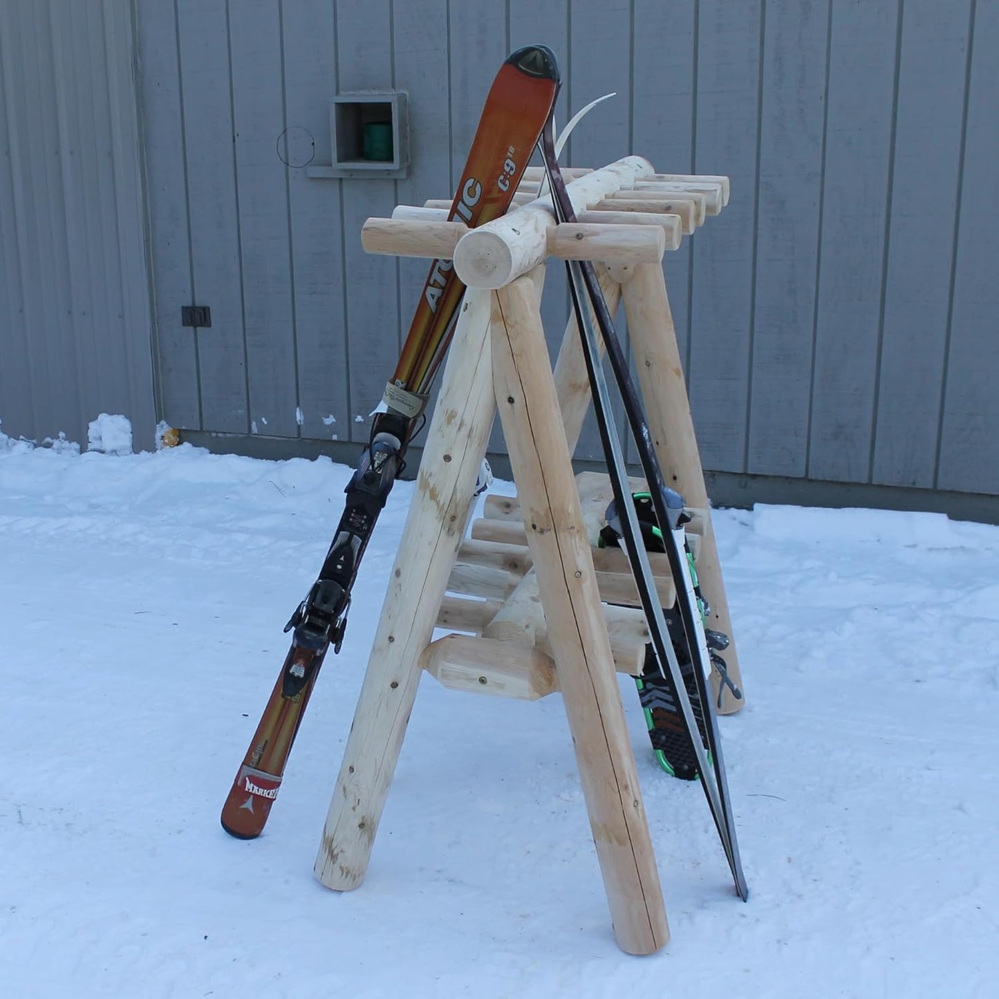 13-Place Freestanding Log Ski Rack Holder, Indoor & Outdoor Snowboard Racks, Standing Storage, Garage Racks for Snow Skis & Poles, Durable Snowboard Rack Garage Storage Organizer - Unfinished