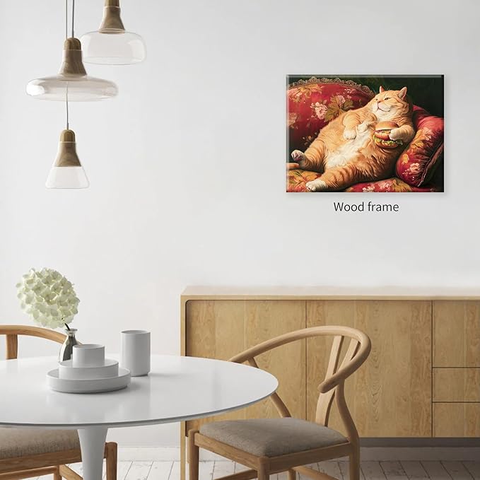 Victorian Renaissance Canvas Poster Funny Fat Cat With Hamburger Wall Art Lying In Sofa Cute Cat Painting Wall Decor 24x36 inch Framed for Animal Lover Gift