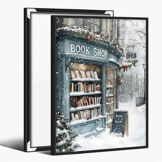 Vintage Christmas wall art Winter Book Shop Poster Print Book Lovers Gift Reading wall art Bookshop Wall Decor Winter Landscape Painting Room decor Aesthetic black framed20x30inch