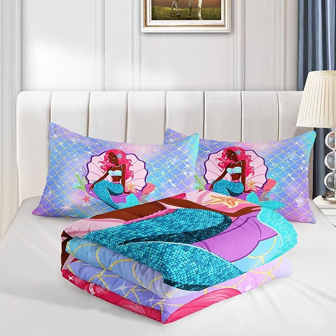 Bedding Comforter Set Black Girl Magic Mermaid Printed Pattern Quilt with 1 and 2 Pillowcases for Girls Bedroom All Season(Black Blue Queen) Queen 90x90inches