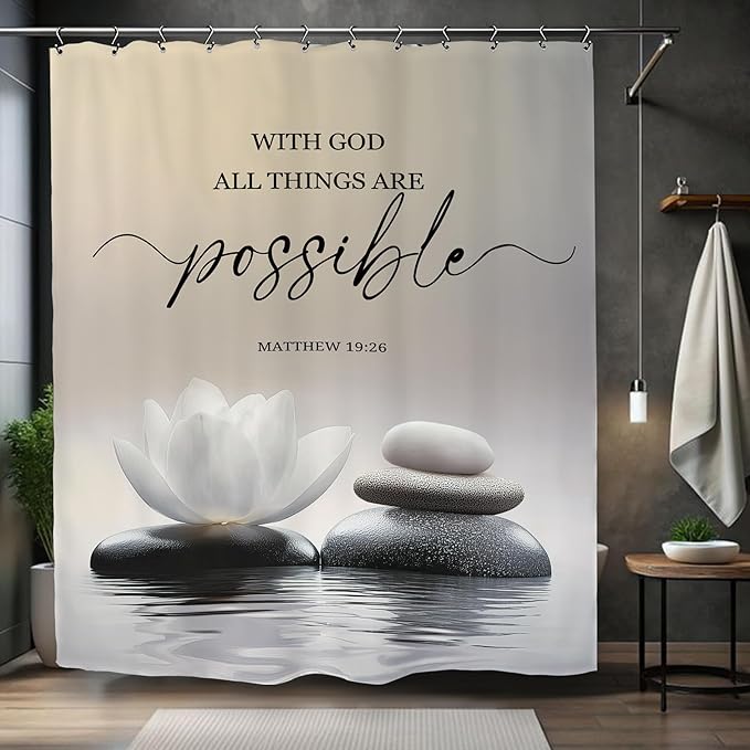 Zen Lotus Spa Shower Curtain 60Wx72L Inch Ink Quotes Meditation Inspirational Motivational Bible Bathroom Set Accessories Decor with 12 Pack Hooks